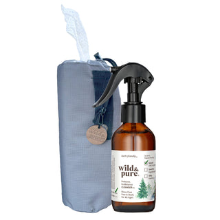 Wild & Pure Wet Wipe Replacement Starter Set with a durable water resistant dispenser bag filled with waffled, 100% cotton dry wipes comes with a 4oz No-Rinse body wash spray cleanser