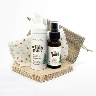 No-Rinse Body Wash and Replace Wet Wipes Travel Set - Wild & Pure EcoBalance Cleanser Mist & Foamer with set of dry wipes and reusable flannel wipes in a burlap bag