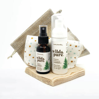 Rinse-Free Body Wash Travel Pack for Sensitive Skin with two EcoBalance Cleansers - 1oz mist and 1.7oz foamer, biodegradable dry wipes, and reusable flannel wipes