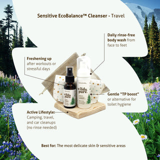 Benefits of Wild & Pure Sensitive Skin EcoBalance Cleanser: Freshening Up, Daily rinse-free body wash, Active lifestyle support, and Gentle TP boost. Sensitive EcoBalance Cleanser is best for: the most delicate skin & sensitive areas.