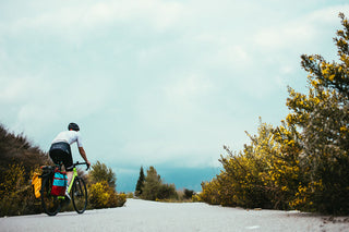 Person riding a bicycle on a scenic road with trees and open sky.
