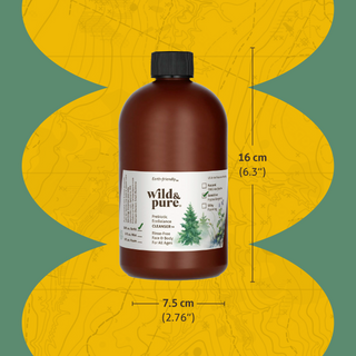Sized at 6.3" tall and 2.76" wide, 18oz Refill of Sensitive Skin Body Wash EcoBalance Cleanser, refills all Wild& Pure bottles - mist, foam, and travel size 